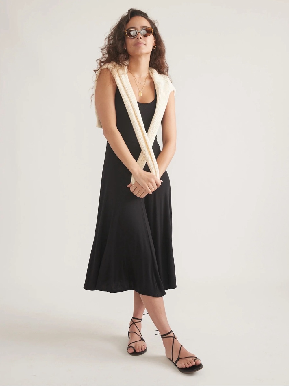 Marine Layer Lexi Rib Fit and Flare Midi Dress Sleeveless Black Medium
